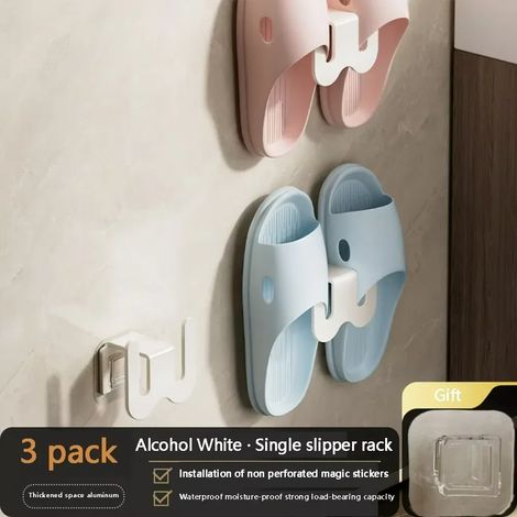 (Blanc - Lot de 3) Étagère à chaussures simple, non perforée, à fixer à la porte de salle de bain avec système d'évacuation d'eau au dos et crochet mural. (1/5)