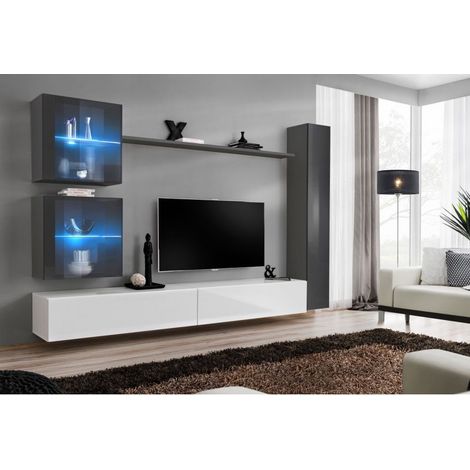 Ensemble mural - Switch XVIII - 2 vitrines LED - 1 vitrine verticale - 2 bancs TV - 1 étagère - Blanc et graphite - Modèle 2 - Livraison gratuite