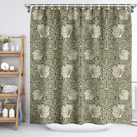 Rideau de douche botanique vert sauge et jaune fleuri pour salle de bain, imprimé de fleurs William Morris en polyester, rideau de douche pour salle de bain avec 12 crochets, 180x180cm (1/5)