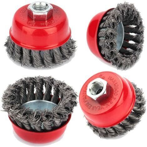Brosse de nettoyage métallique, 4pcs brosse à treillis métallique M14 torsadé 75 mm pour meuleuse d'angle brosse coupe, dérouillage corrosion détournant la peinture