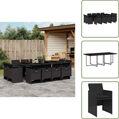 The Living Store 13-tlg. Garten-Essgruppe mit Kissen Schwarz Poly Rattan - Gartensessel - Gartenmöbel Set - Outdoor Möbel - Terrassenmöbel - Esstisch