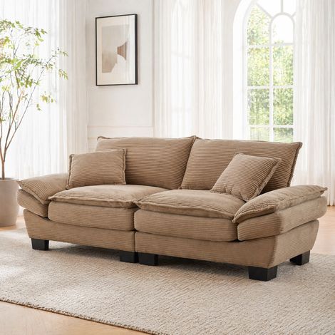Divano 224/81/81 cm in velluto a coste color khaki con seduta profonda e cuscini laterali (1/5)