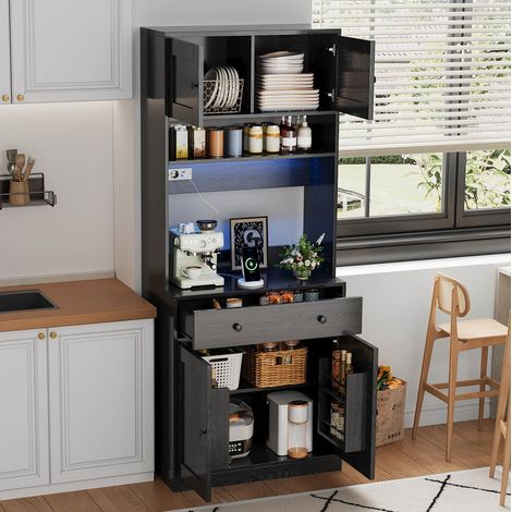 Küchen-Hochschrank 180 cm mit LED, Steckdose und großer Schublade aus MDF, schwarz HAVRYA (1/5)