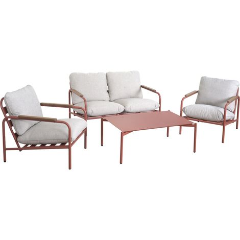 Set di mobili da giardino: divano a 2 posti + 2 poltrone + tavolo in alluminio color terracotta con cuscini beige 040009585
