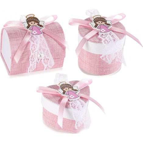 Scatoline bomboniere in stoffa con decorazioni in legno e fiocchetti rosa per bambine, set da 18 pezzi, cm 7 x 4,5 x 5 H
