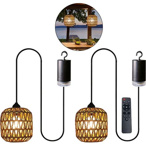 Due set di lampade a sospensione bohémien a batteria con telecomando wireless, lampade a sospensione in rattan per giardino, campeggio, balcone, luci a LED con ganci (1/5)