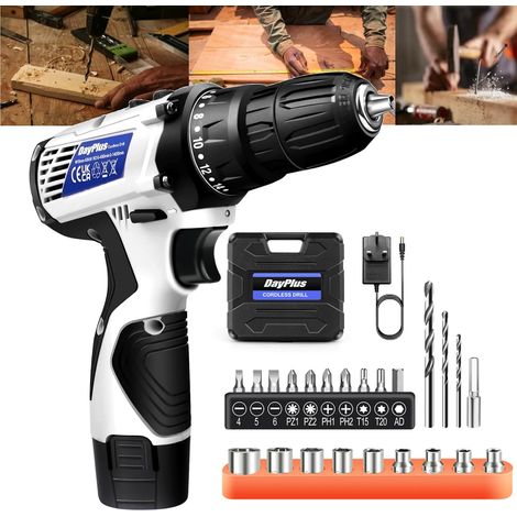 Perceuse électrique sans fil pour travaux de bricolage, perceuse électrique à couple 18 + 1, 45 N.m maximum, 26 forets, mandrin de 9,5 mm, lampe de travail LED, 2 vitesses variables 0-400/1400 tr/min (1/5)