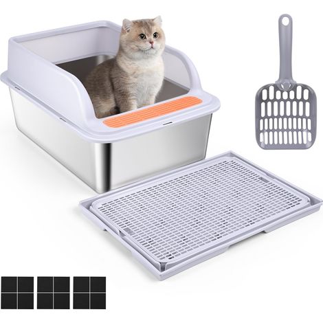 Litiere pour Chat Bac, Bac à litière en Acier Inoxydable pour Chats, Étanche et Anti-Renversement Litière pour Chats Semi-fermée avec Pelle à litière pour Chat et Tapis 50 x 35 x 25 cm (1/5)