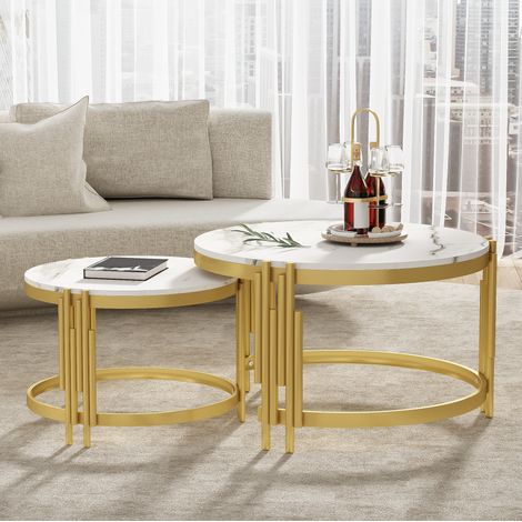 Mesa de centro nido redonda de MDF efecto mármol blanco y metal latón envejecido, 71,5/51,5 cm (1/5)