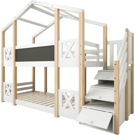 Kinder-Hochbett 90 x 200 cm mit Aufbewahrungstreppe, weiß und Holz, MODENUIT (1/5)
