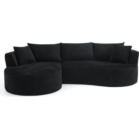 Canapé d'angle 3 places en velours côtelé noir avec chaise longue gauche et porte-gobelets (1/5)