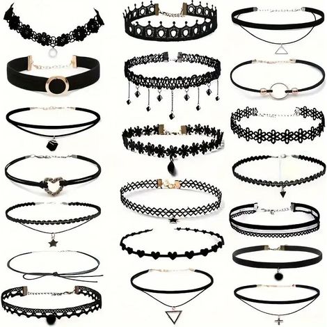 Set aus zwanzig farbenfrohen, klassischen Choker-Halsketten aus Spitze und schwarzem Samt, Damenschmuckset, Modeaccessoires