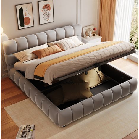 Bett Doppelbett Stauraum 140x200 Samt Grau OKMYHOME (1/5)