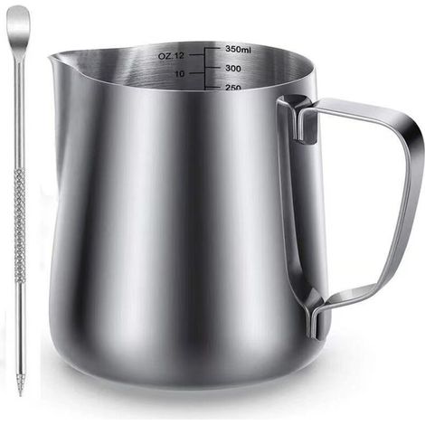 Accessoire pour machine à café, pot à lait de 350 ml, en acier inoxydable 304, avec graduation interne pour faire mousser le lait et préparer des cappuccinos, des jus de fruits ou autres boissons – RA (1/5)