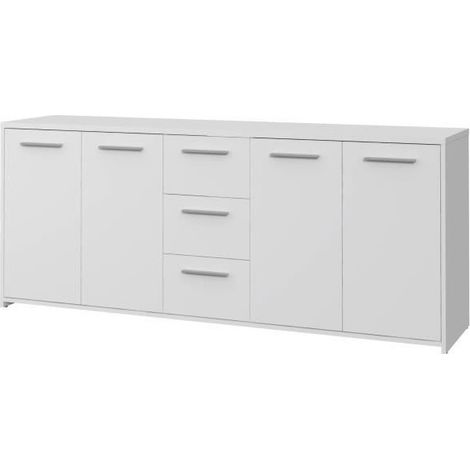 Buffet bas blanc mat 4 portes 3 tiroirs – Dimensions L 179 x P 42 x H 74,5 cm – Meuble de rangement moderne (1/10)