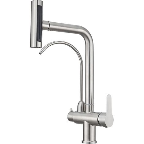 Robinet de cuisine, douchette extractible, design à double poignée, Brossé (1/2)