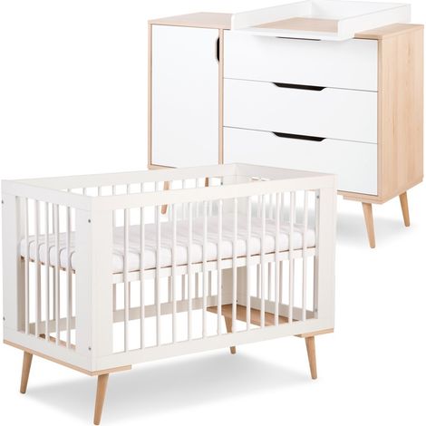 Monmobilierdesign – Ensemble commode à langer et lit bébé scandinave 120x60 – 3 tiroirs sur rails – Bois de pin et hêtre – Fabrication Union Européenne