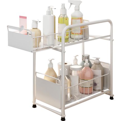 Under Sink Cabinet Shelf Slide Out Drawer Tiered Spice Storag Sink Shelf for Bathroom Kitchen Small Size White
