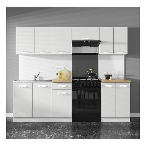 Cuisine complète 240 cm,Ensemble de meuble de cuisine finition Blanc laquée craie, sans plan de travail (1/4)