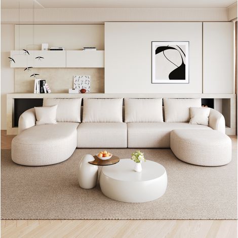 Canapé d'angle U 336 cm sans montage tissu blanc HAVRYA (1/5)