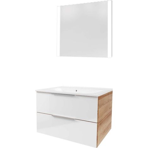 Fackelmann B. BRILLANT Badmöbel Set 3-teilig 80 cm, Weiß Glas/Braun hell, Gussmarmor + LED-Spiegel"-"90316145 (1/4)
