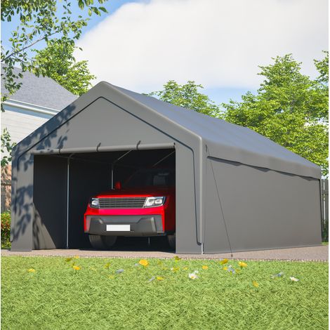 Tettoia per auto in metallo grigio da 13' x 25' con pareti rimovibili, finestre avvolgibili e struttura stabile. (1/5)