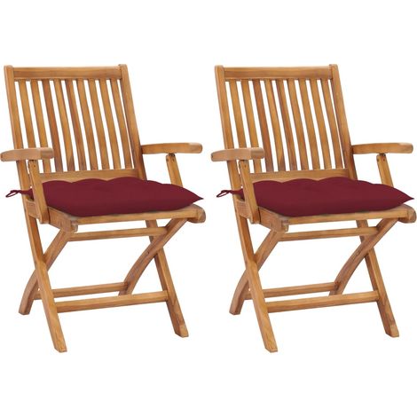 Chaises de jardin lot de 2 coussins rouge bordeaux Teck massif (1/5)