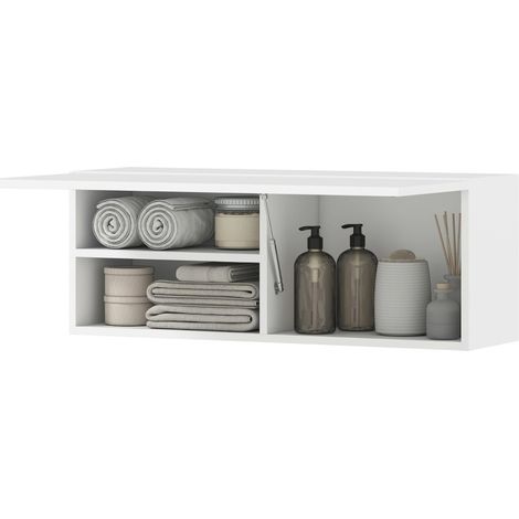Mobile pensile da bagno 80x25x30 cm in legno bianco con anta a ribalta - CHICFURN (1/5)