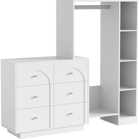 Offener Kleiderschrank in Weiß mit Kleiderstange, Schubladen und seitlichen Regalen (1/5)