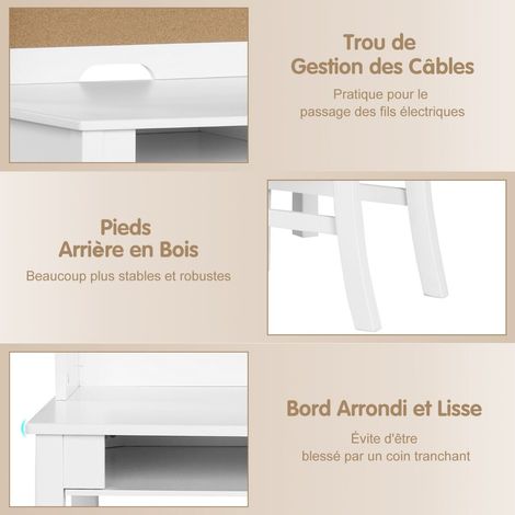 Bureau enfant blanc avec chaise en MDF, étagère réglable à 3 niveaux, tiroirs et panneau en liège pour chambre (1/5)