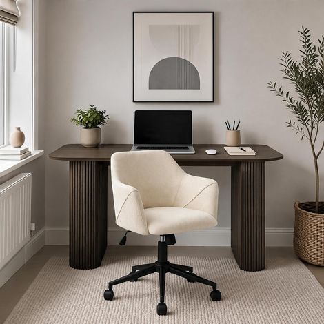 Monroe Walnut Desk & Lumera Chenille Fabric Ivory Office Chair Set (1/5)