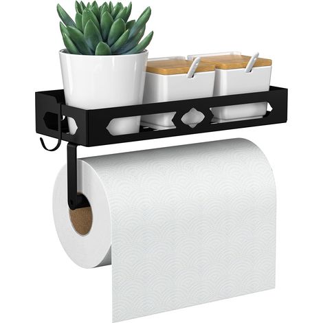 Étagère à épices murale avec porte-rouleau de cuisine et crochets, sans perçage, organisateur d'épices pour cuisine, noir (1/5)