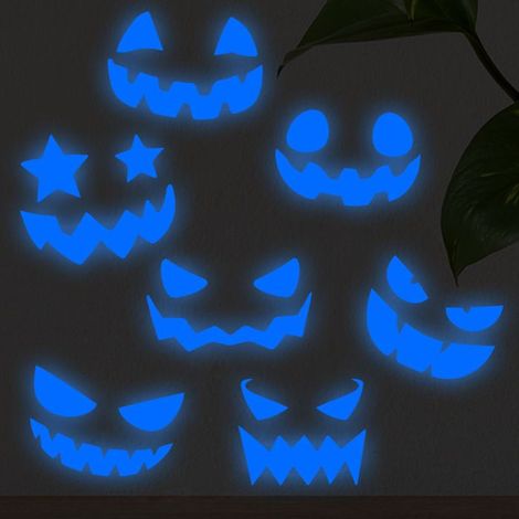 Lot de 7 Autocollants Muraux Lumineux Tête de Citrouille Effrayante Décoration Halloween pour Portes Fenêtres Escaliers (1/4)