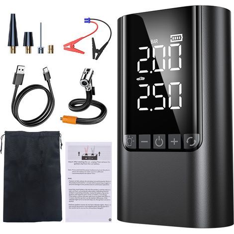Démarreur de voiture avec pompe à air, batterie d'urgence 12 V, gonfleur de pneu numérique pour voitures, motos, vélos, ballons, banque d'alimentation portable, lumière LED 6000 mAh, clips ordinaires (1/5)