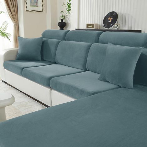 Housse de coussin de siège de canapé en velours extensible antidérapante, gris bleu, méridienne (1/5)