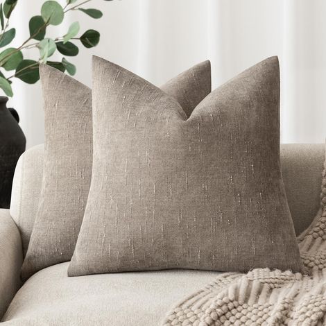 Lot de 2 housses de coussin décoratives en chenille douce texturée, couleur unie neutre, style champêtre, pour canapé, fauteuil, chambre à coucher, salon, 50 x 50 cm, taupe clair (1/5)