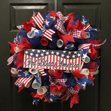 Guirlande Décorative Porte - Guirlande Patriote Étoiles Et Bandeaux Rouge Blanc Bleu - Pour 4 Juillet Fête De L'indépendance - 40 cm - 1 Pièce (1/2)