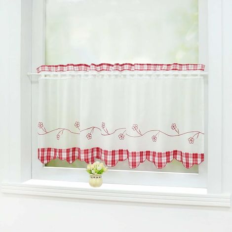 Rideau Brise-Bise Perforé Transparent Passe Tringle Etoffes à Carreaux Maison de Campagne Rouge HxL 45x90CM (1/5)