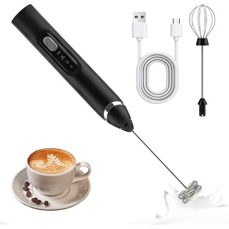 Mousseur à Lait Électrique Rechargeable, Mousseur à Main sans Fil avec Double Spirale Fouet Mélangeur Électrique, Mini Mixeur Portable pour Café, Latte, Cappuccino, Matcha, Cocktails, Noir (1/5)