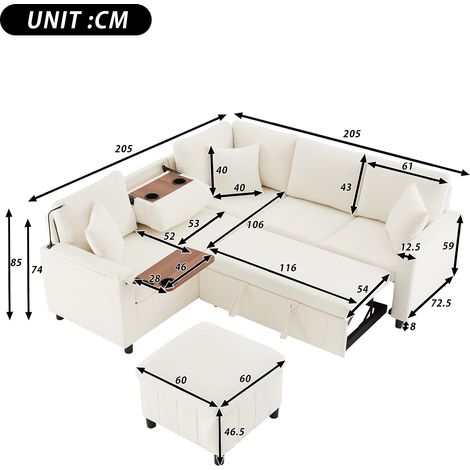 Canapé d'angle en tissu beige avec fonction lit, convertible avec pouf, lampe de lecture, ports USB et Type-C, table cachée intégrée, table basse escamotable avec deux porte-gobelets, 205×205×85cm (1/5)
