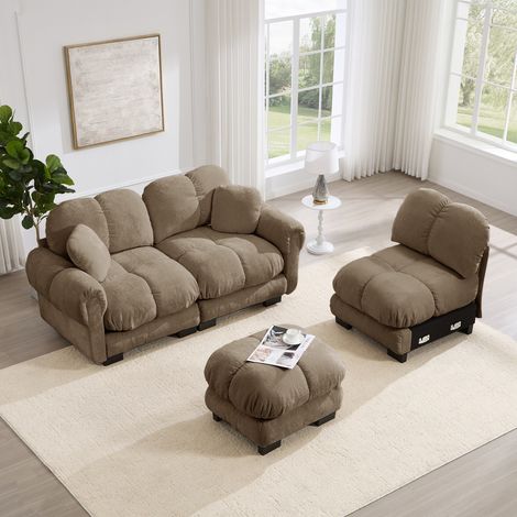 Canapé d'angle 3 places Cloud, comprenant un pouf amovible et 2 petits coussins décoratifs, capitonnage fin, assise épaisse, moelleuse et confortable, montage facile, idéal pour le salon, marron (1/4)