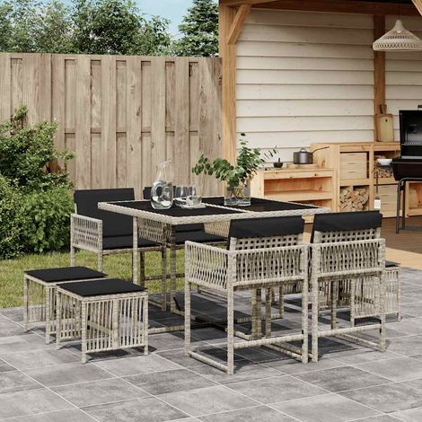 Ensemble à manger de jardin et coussins 9 pcs-Salon de jardin gris clair rotin 889586 (1/5)