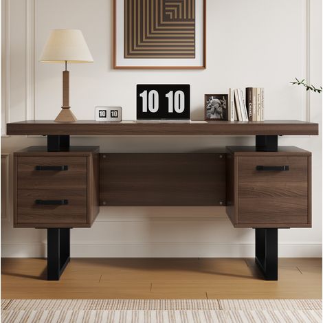 bureau travail compact MDF métal 135x54 cm tiroirs rangement OKMYHOME (1/5)