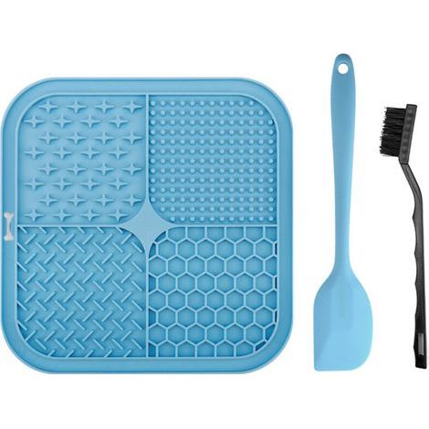 Tapis à lécher pour chien, 20 x 20 cm, avec spatule en silicone, sans BPA, avec ventouse pour le bain, l'éducation et le toilettage (bleu) (1/4)