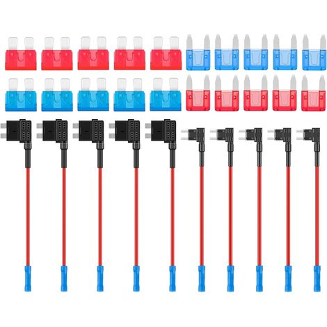 10 Pièces Porte-Fusible Add-a-Circuit, Porte-Fusible à Lame de Voiture avec Fil, Mini/Standard Adaptateur Voiture Set avec Fusible Lame 10A 15A pour Auto (1/5)