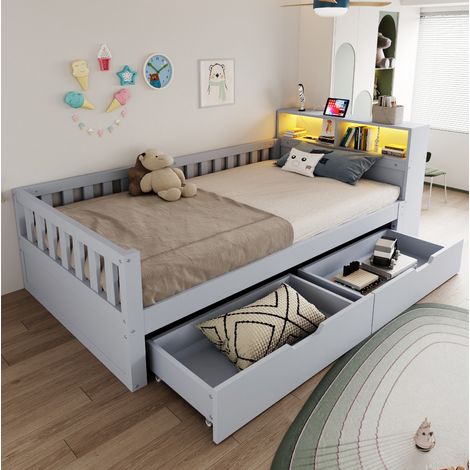 Lit banquette 90x200 cm enfant avec LED, USB et Type-C, rangements et 2 tiroirs, barrières, bois gris (1/5)
