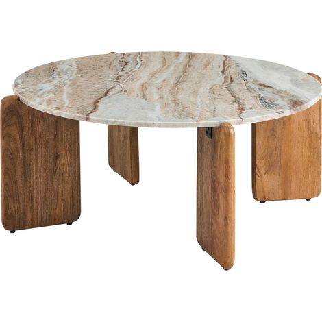 Mesa de centro moderna tablero de mármol patas de madera de mango marrón redonda 80 cm sala de estar beige Luno