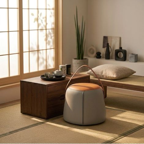 Gepolsterter Ottoman-Fußhocker aus Kunstleder mit Griff, Grau und Orange, MODENUIT (1/5)