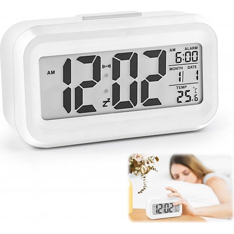 Réveil Digital LCD à Piles Grand Ecran avec Température Date Snooze De Voyage Reveil Lumineux 1 pcs Blanc (1/4)