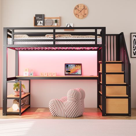 Lit Mezzanine 90x200cm - Structure Métal - Bureau et Étagères Intégrés - Escalier avec Rangements - Barrières Métal et Bois - Capacité 120kg - Noir